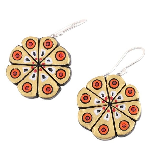 Alternate image for Hand Crafted Ceramic Dangle Earrings from India Golden Floral Abstraction