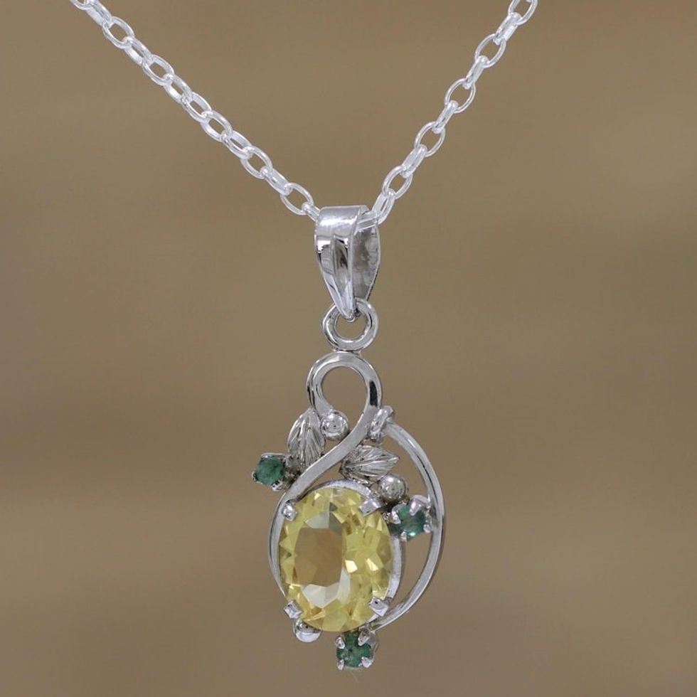 Rhodium Plated Citrine and Emerald Leaf Necklace from India 'Sunshine Bloom'