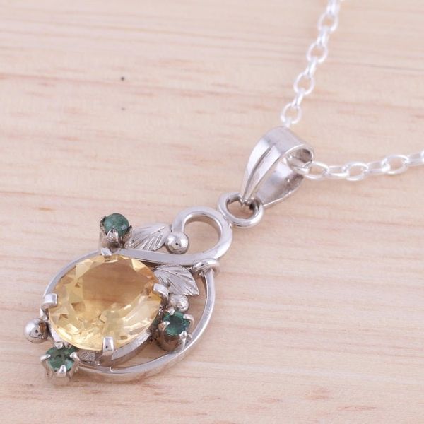 Alternate image for Rhodium Plated Citrine and Emerald Leaf Necklace from India Sunshine Bloom