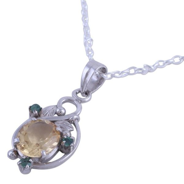 Alternate image for Rhodium Plated Citrine and Emerald Leaf Necklace from India Sunshine Bloom