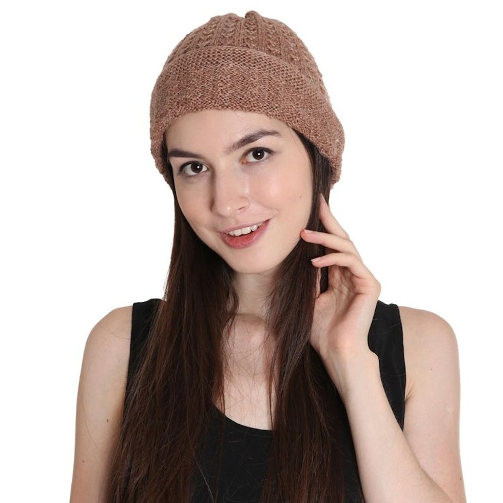 Hand-Knit Ecru Wool Blend Vertical Knots Hat from India 'Knotted Beauty Ecru'