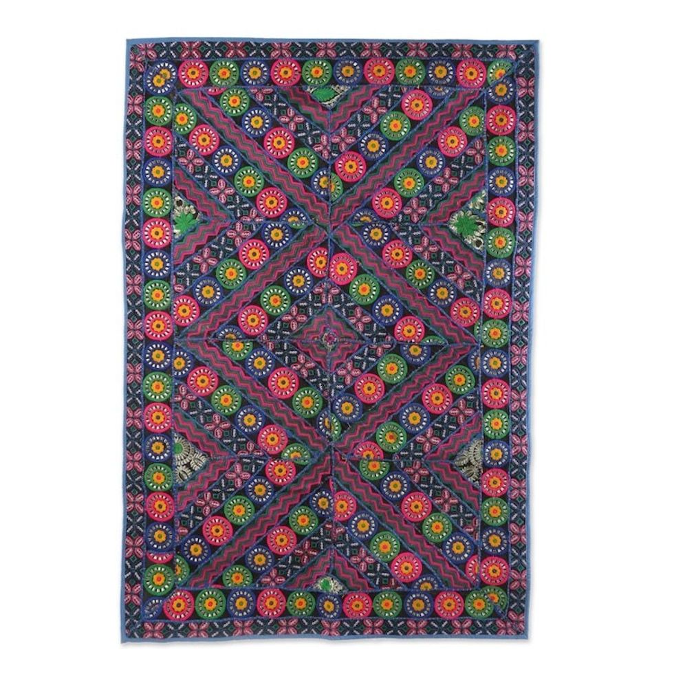Floral Geometric Recycled Patchwork Wall Hanging from India 'Vibrant Bouquet'