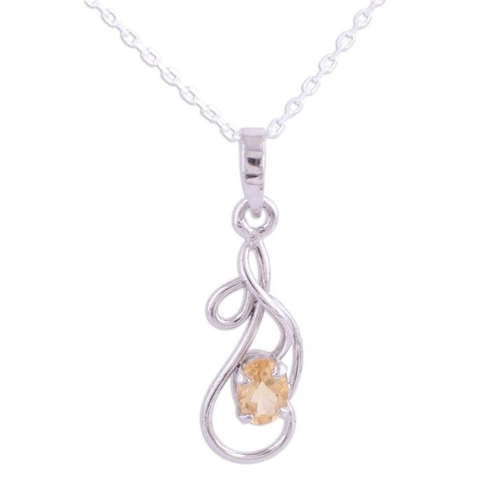 Rhodium Plated Citrine Pendant Necklace from India 'Sunny Twist'