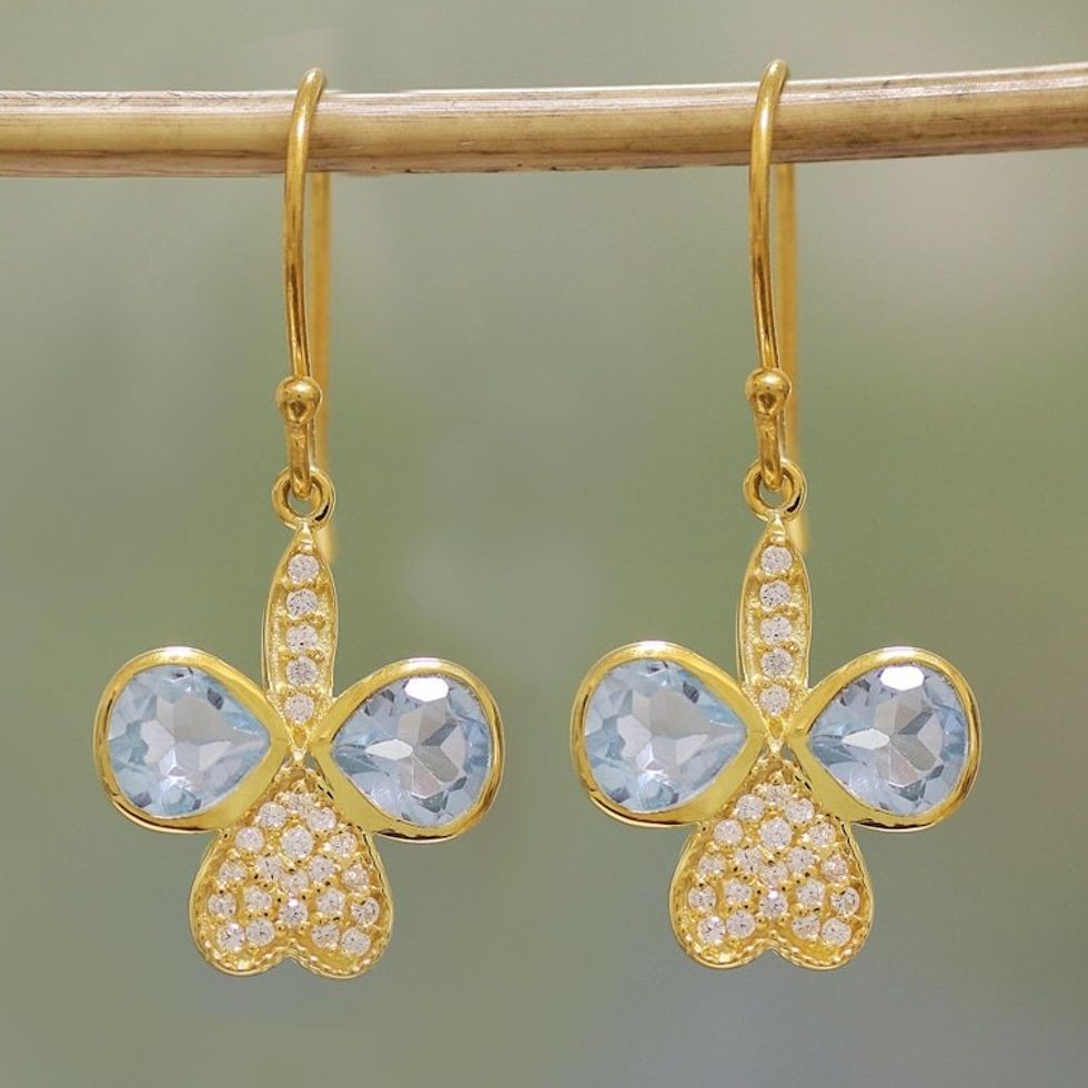 Gold Plated Blue Topaz Butterfly Dangle Earrings from India 'Butterfly Glitter'