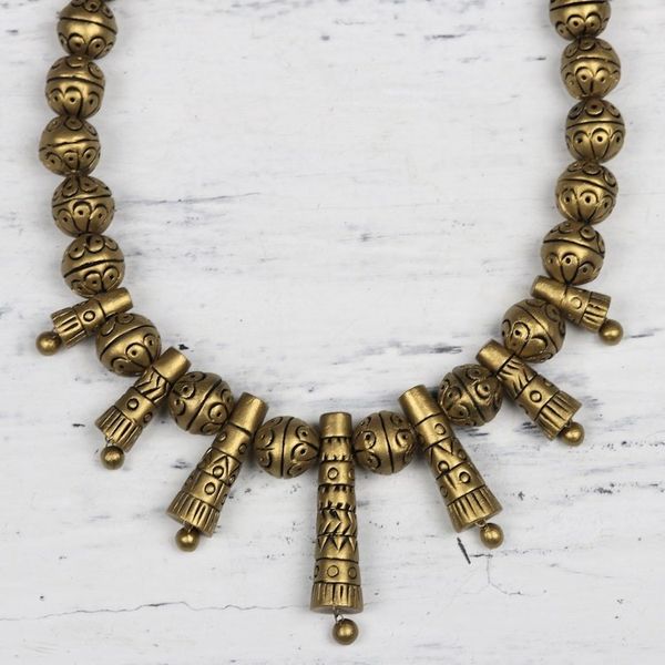 Alternate image for Hand-Painted Golden Sun Ceramic Adjustable Beaded Necklace Gold Sun
