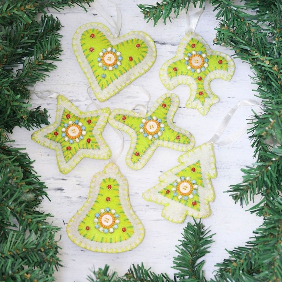 Set of Six Beaded Christmas Ornaments in Citron and White 'Christmas Party in Citron'
