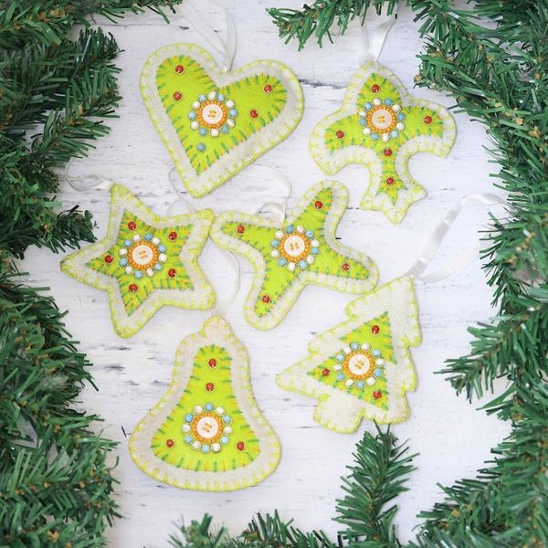 Alternate image for Set of Six Beaded Christmas Ornaments in Citron and White Christmas Party in Citron
