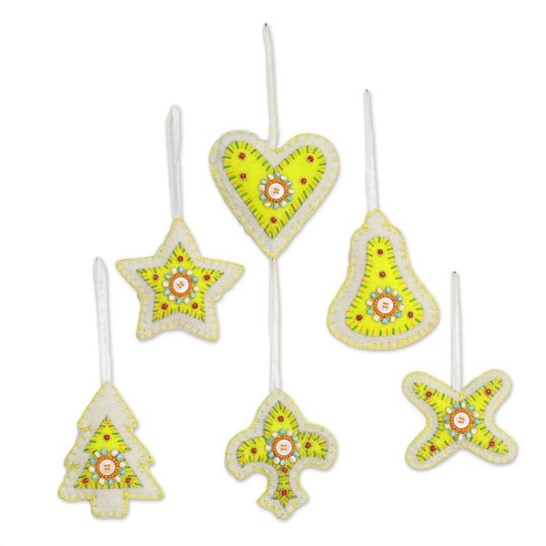 Alternate image for Set of Six Beaded Christmas Ornaments in Citron and White Christmas Party in Citron