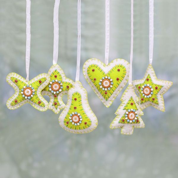 Alternate image for Set of Six Beaded Christmas Ornaments in Citron and White Christmas Party in Citron