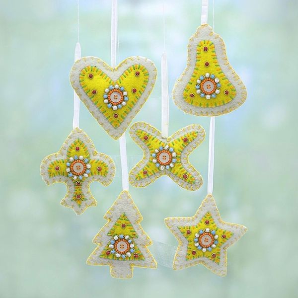 Alternate image for Set of Six Beaded Christmas Ornaments in Citron and White Christmas Party in Citron