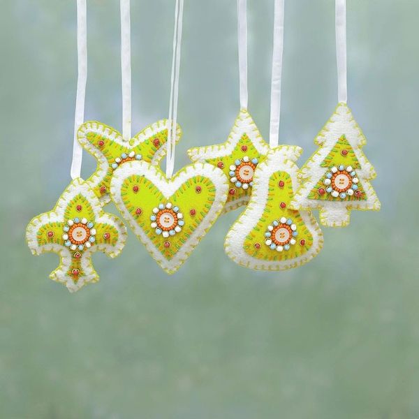 Alternate image for Set of Six Beaded Christmas Ornaments in Citron and White Christmas Party in Citron