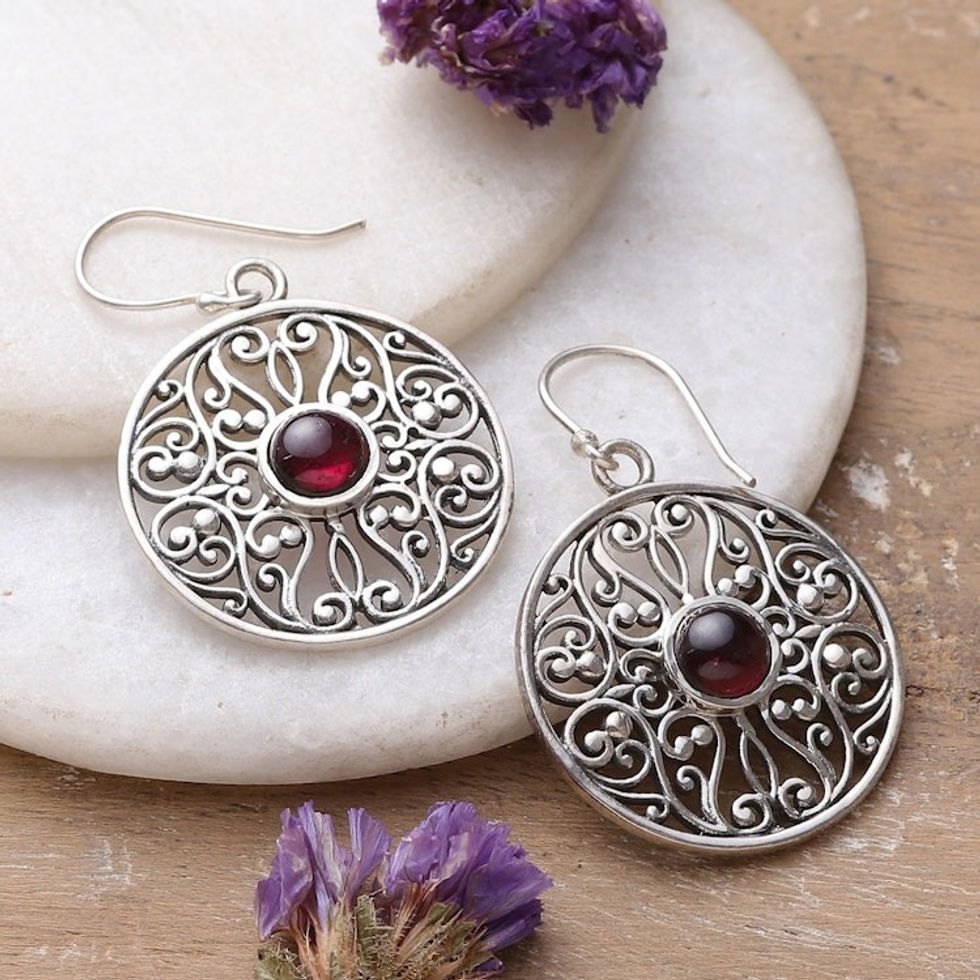 Dangle Earrings Hand Crafted in Sterling with Garnets 'Shalimar Gardens'