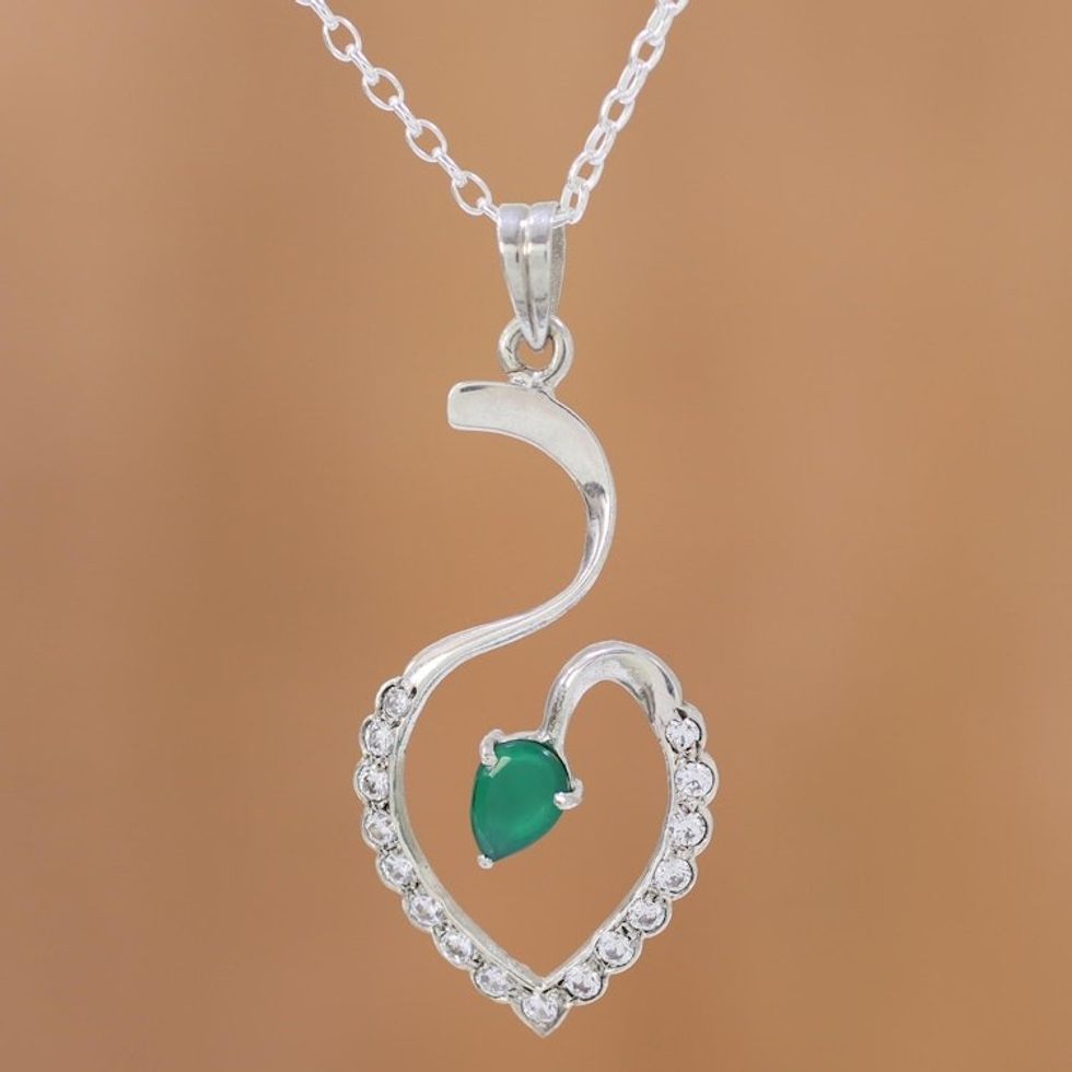 Rhodium Plated Onyx Heart Pendant Necklace from India 'Heart Curves'