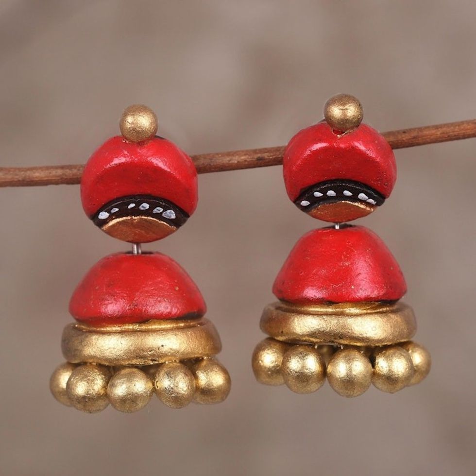 Red and Gold Jhumki Ceramic Parasol Dangle Post Earrings 'Magical Red'