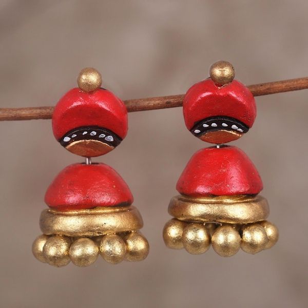 Alternate image for Red and Gold Jhumki Ceramic Parasol Dangle Post Earrings Magical Red