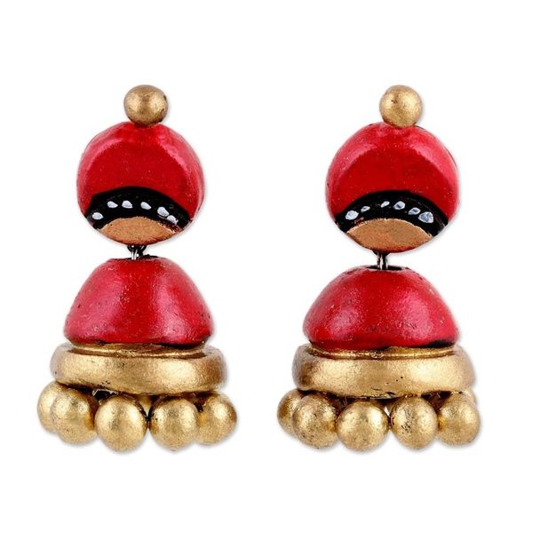 Alternate image for Red and Gold Jhumki Ceramic Parasol Dangle Post Earrings Magical Red