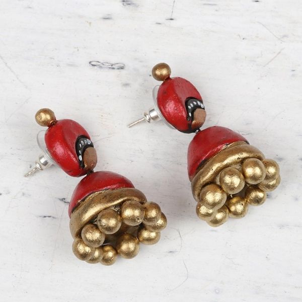 Alternate image for Red and Gold Jhumki Ceramic Parasol Dangle Post Earrings Magical Red
