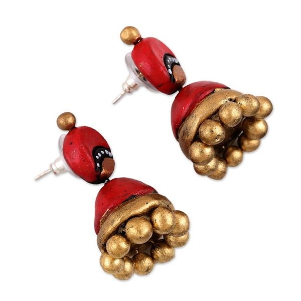 Alternate image for Red and Gold Jhumki Ceramic Parasol Dangle Post Earrings Magical Red
