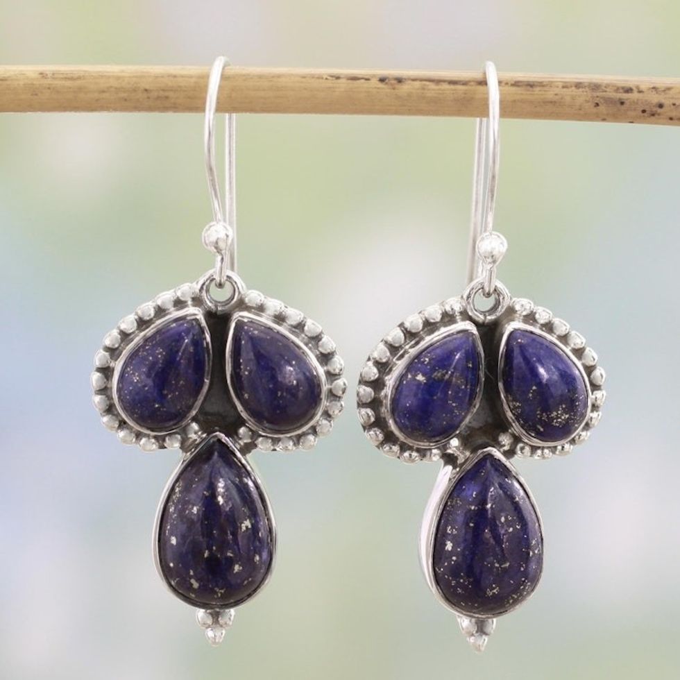 Lapis Lazuli and Sterling Silver Dangle Earrings from India 'Droplet Trios'