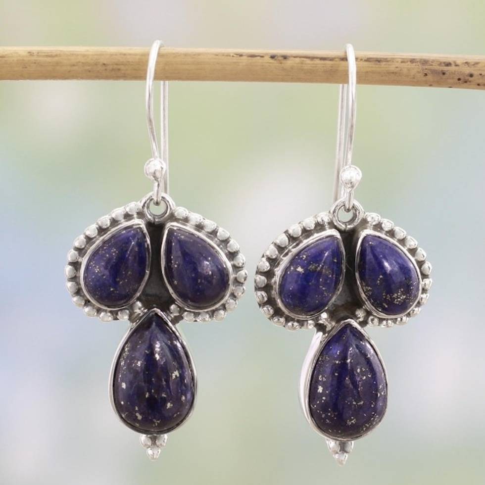 Lapis Lazuli and Sterling Silver Dangle Earrings from India 'Droplet Trios'
