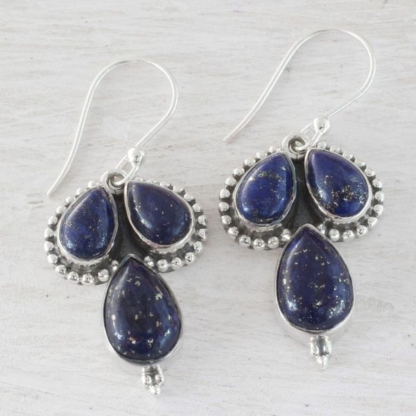 Alternate image for Lapis Lazuli and Sterling Silver Dangle Earrings from India Droplet Trios