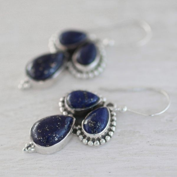 Alternate image for Lapis Lazuli and Sterling Silver Dangle Earrings from India Droplet Trios