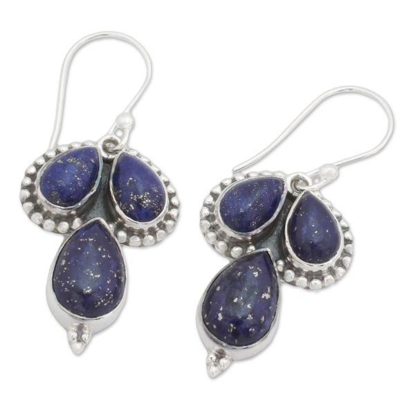 Alternate image for Lapis Lazuli and Sterling Silver Dangle Earrings from India Droplet Trios