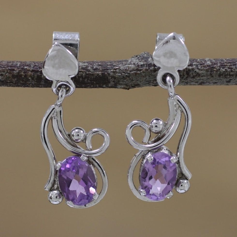 Rhodium Plated Amethyst Leaf Dangle Earrings from India 'Flowing Twist'