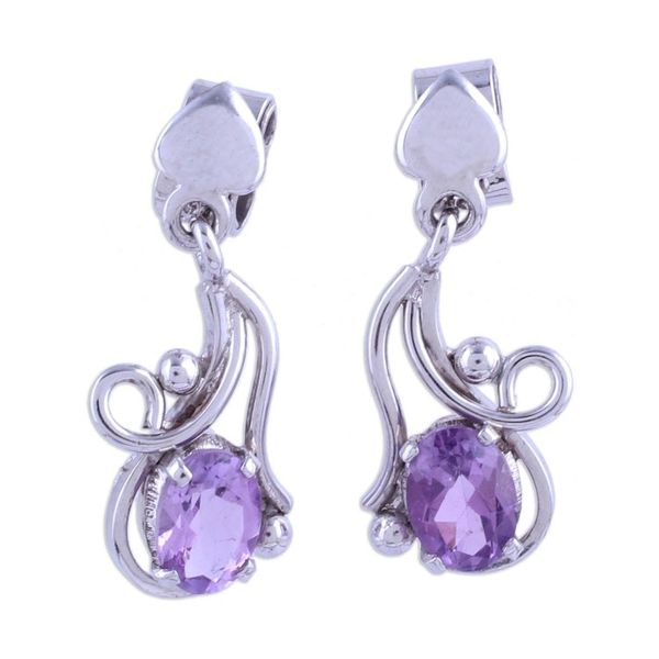 Alternate image for Rhodium Plated Amethyst Leaf Dangle Earrings from India Flowing Twist