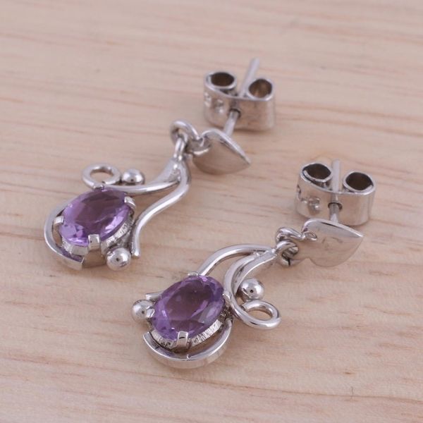 Alternate image for Rhodium Plated Amethyst Leaf Dangle Earrings from India Flowing Twist