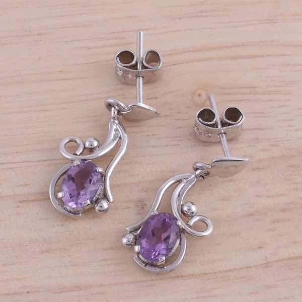 Alternate image for Rhodium Plated Amethyst Leaf Dangle Earrings from India Flowing Twist