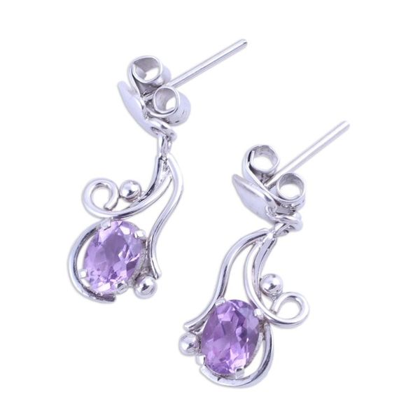 Alternate image for Rhodium Plated Amethyst Leaf Dangle Earrings from India Flowing Twist