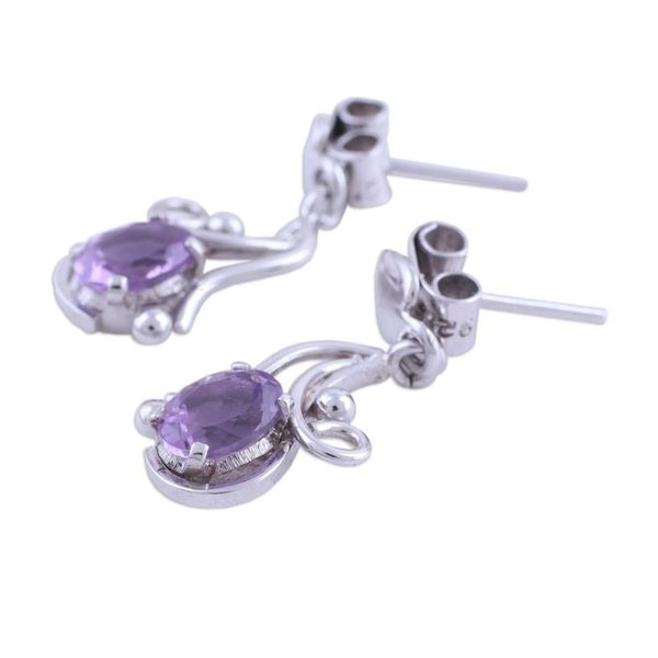 Alternate image for Rhodium Plated Amethyst Leaf Dangle Earrings from India Flowing Twist
