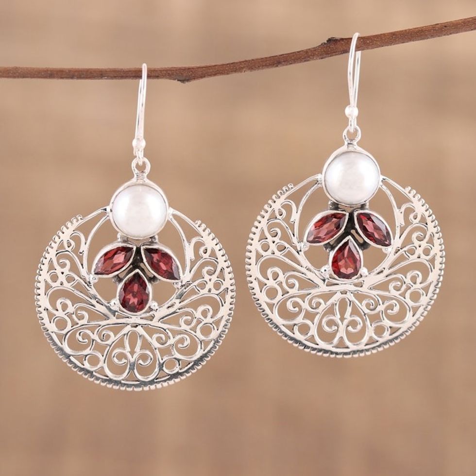 Handmade 925 Sterling Silver Cultured Pearl Garnet Earrings 'Undying Radiance'