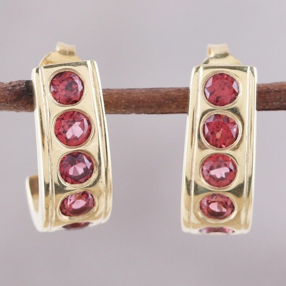 23k Gold Plated Sterling Silver Garnet Half-Hoop Earrings 'Jaipur Curve'
