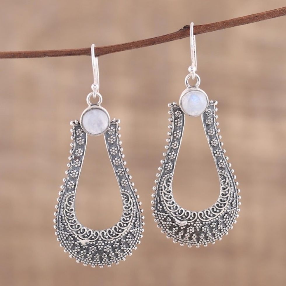 Rainbow Moonstone and Sterling Silver Dangle Earrings 'Silver Moondrop'