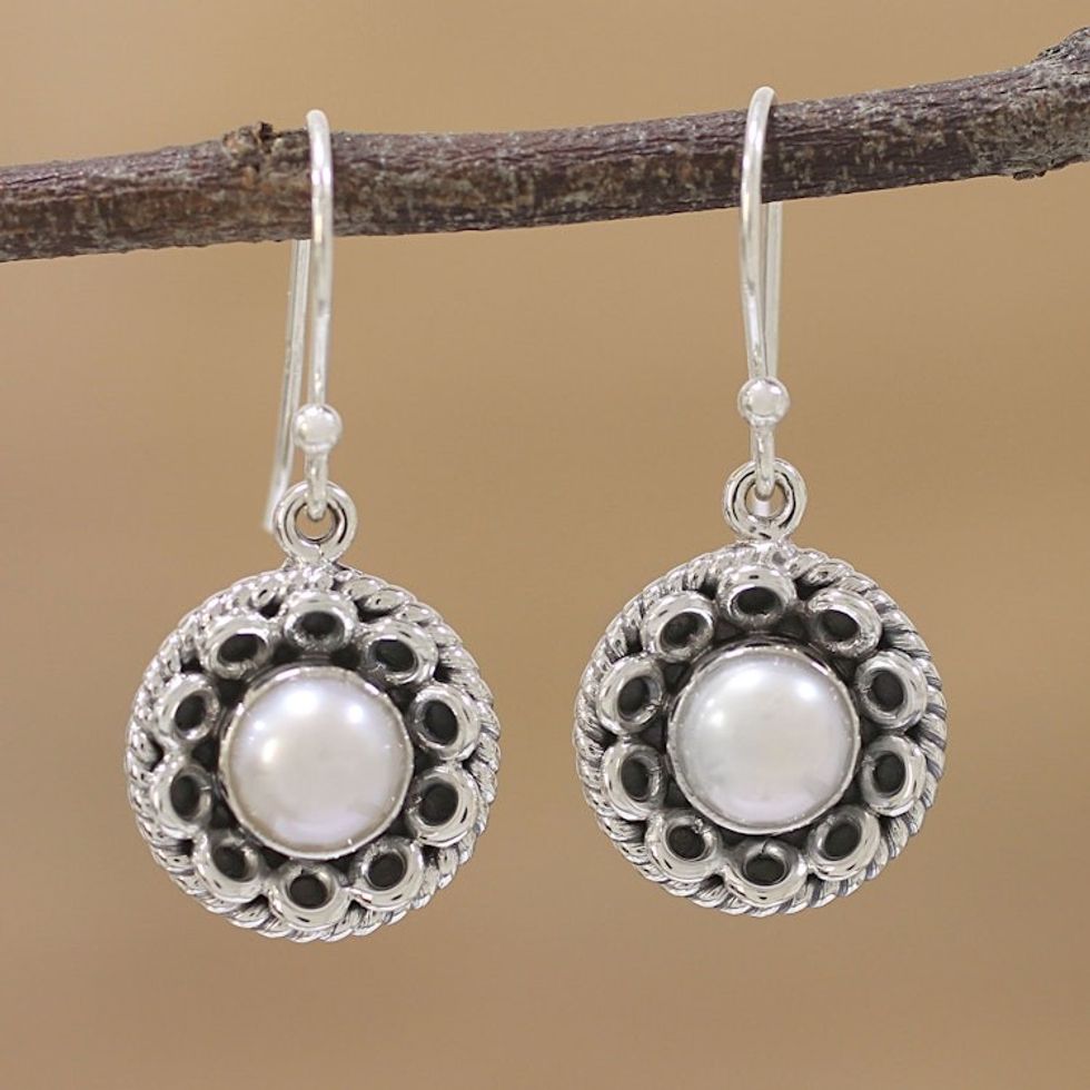 Cultured Pearl Sterling Silver Dangle Earrings from India 'Delhi Moonlight'