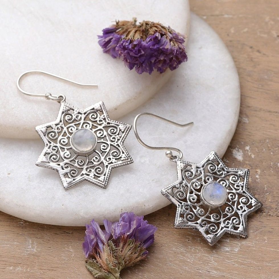 Indian Rainbow Moonstone Dangle Earrings in Star Shapes 'Mughal Stars'