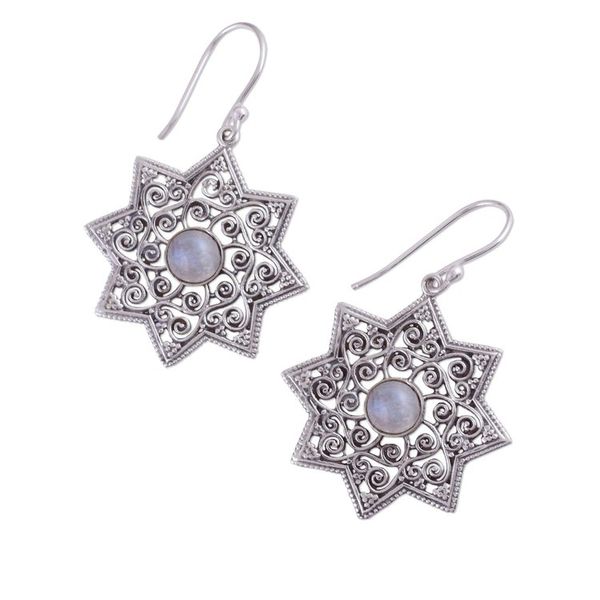 Alternate image for Indian Rainbow Moonstone Dangle Earrings in Star Shapes Mughal Stars