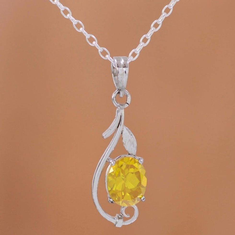 Rhodium Plated Yellow Citrine Pendant Necklace from India 'Morning Vine'