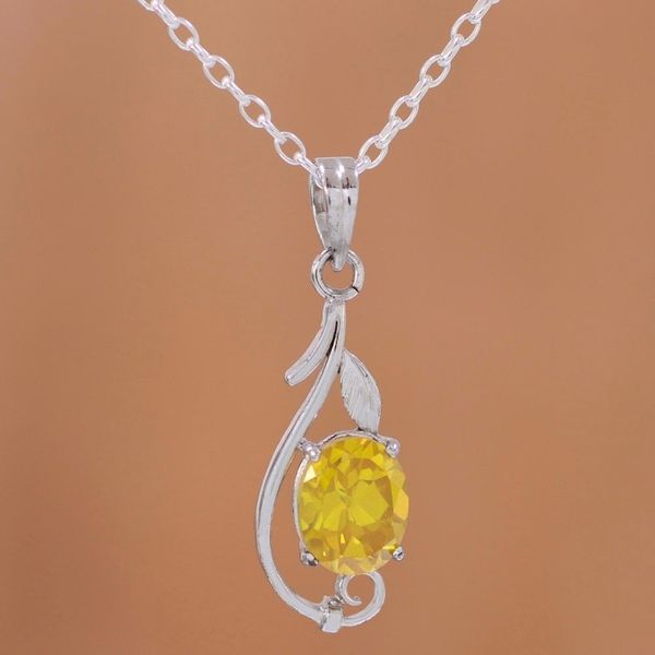 Alternate image for Rhodium Plated Yellow Citrine Pendant Necklace from India Morning Vine