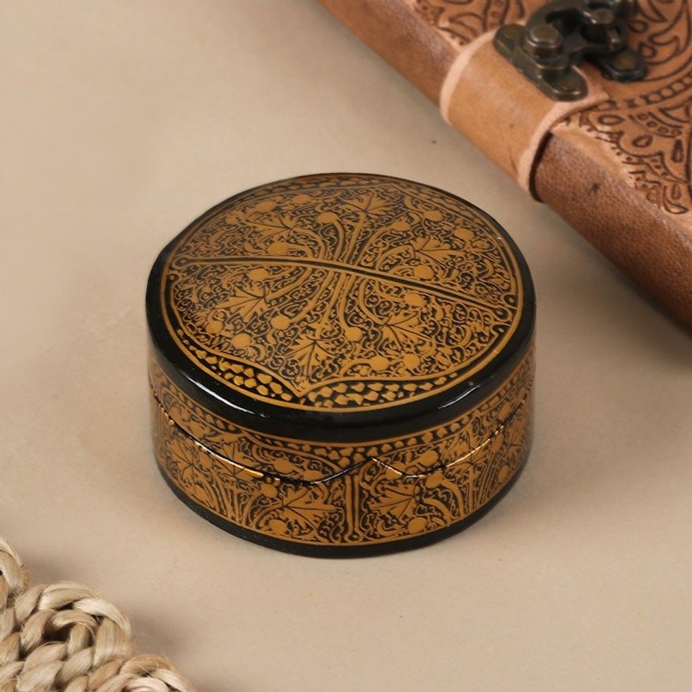 Gold and Black Papier Mache Decorative Box from India 'Alluring Grandeur'