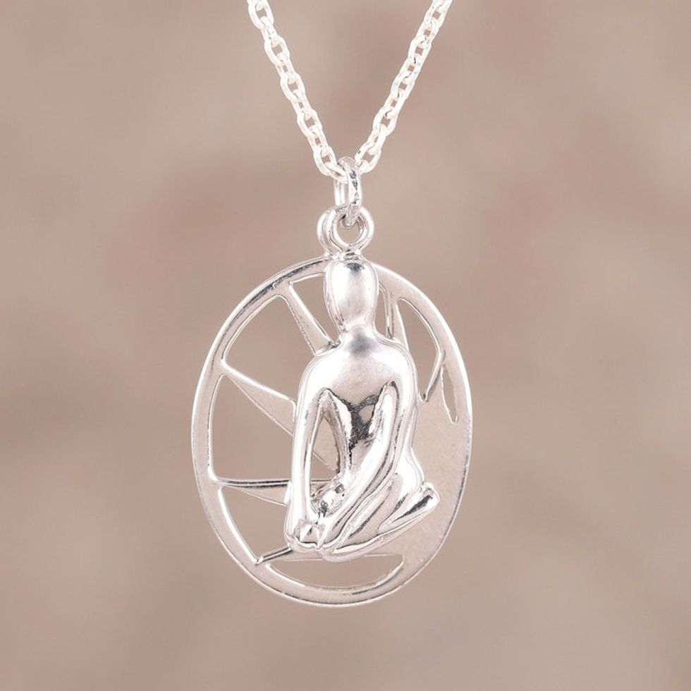 Sterling Silver Yoga-Themed Pendant Necklace from India 'Yoga Saga'