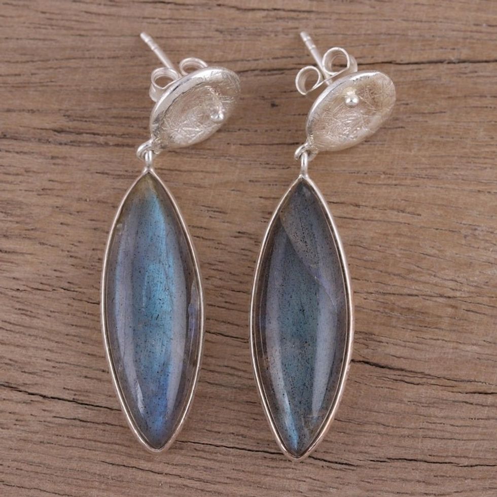 Labradorite and Textured Sterling Silver Earrings 'Grey Eyes'