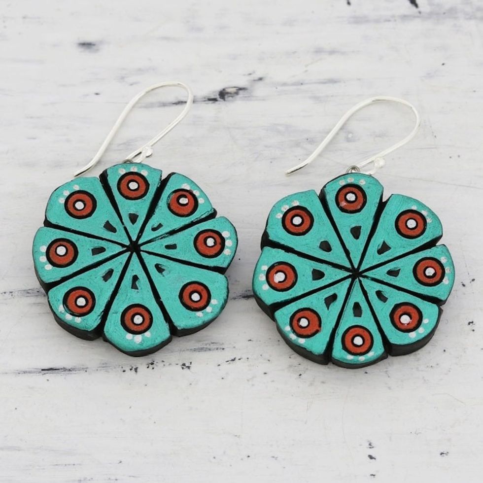 Hand Crafted Ceramic Dangle Earrings from India 'Floral Abstraction'