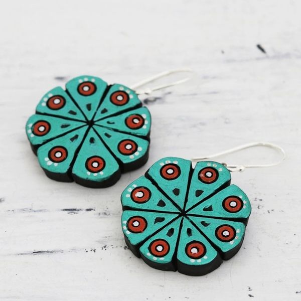 Alternate image for Hand Crafted Ceramic Dangle Earrings from India Floral Abstraction