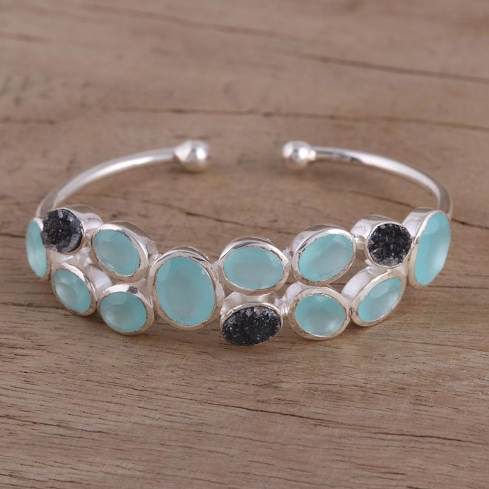 Aqua Chalcedony and Black Drusy Quartz Cuff Bracelet 'Imperial Mist'