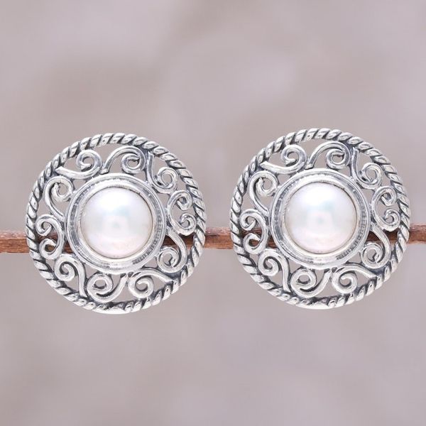 Alternate image for Cultured Pearl Sterling Silver Scrollwork Button Earrings Crowned Moonlight