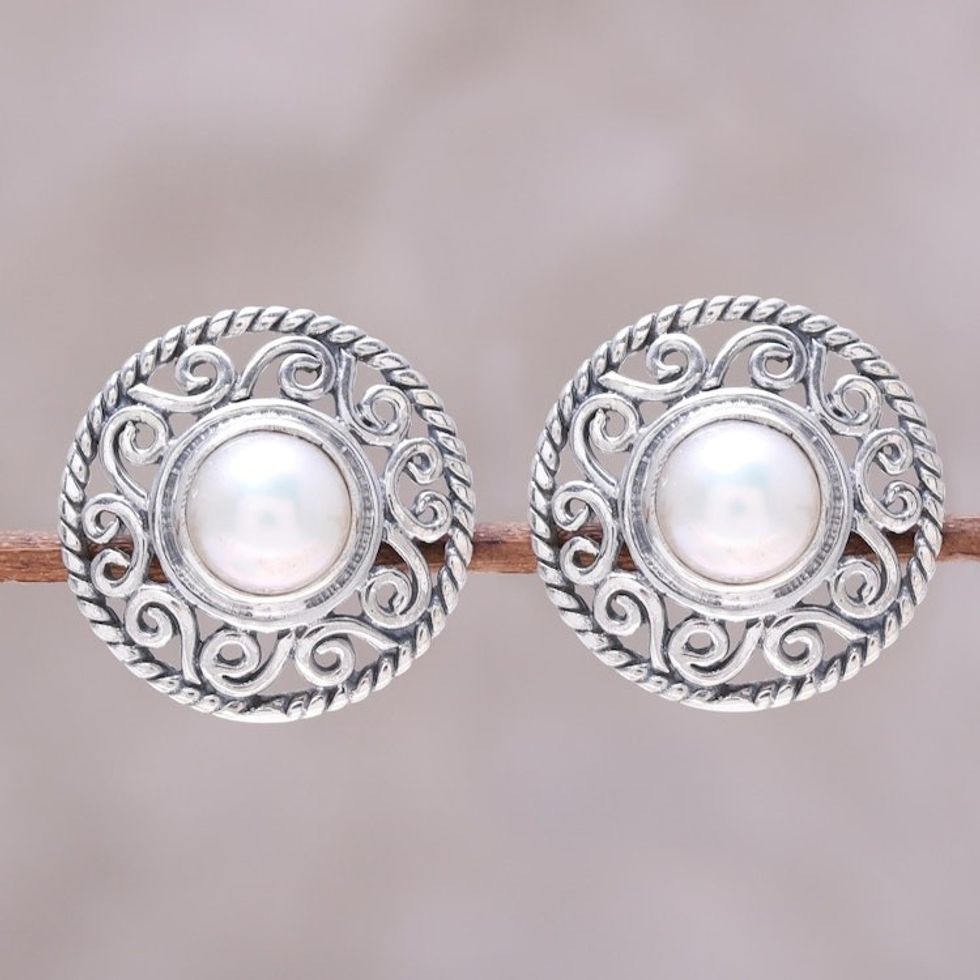 Cultured Pearl Sterling Silver Scrollwork Button Earrings 'Crowned Moonlight'