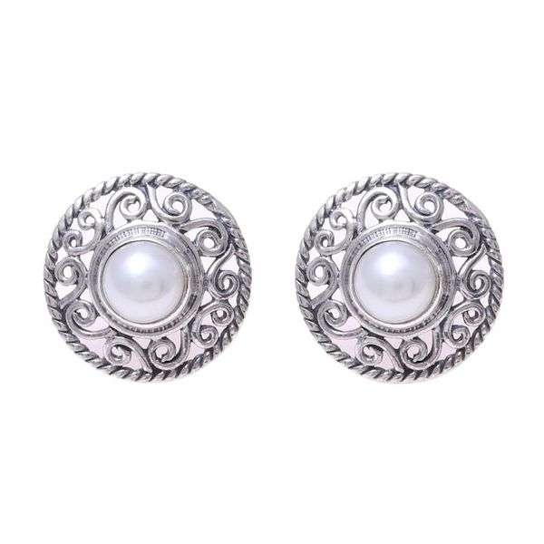 Alternate image for Cultured Pearl Sterling Silver Scrollwork Button Earrings Crowned Moonlight